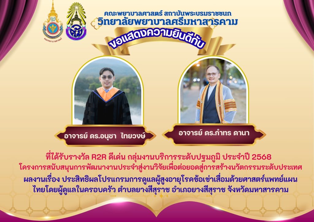 ขอแสดงความยินดีกับ ดร.อนุชาไทยวงษ์และ ดร.กำทร ดานา ที่ได้รับรางวัล R2R ดีเด่น กลุ่มงานบริการระดับ ปฐมภูมิ ประจำปี 2568
