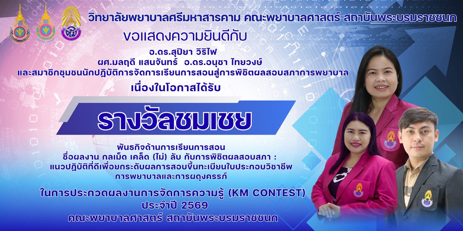 วิทยาลัยพยาบาลศรีมหาสารคามคณะพยาบาลศาสตร์ สถาบันพระบรมราชชนก ขอแสดงความยินดี กับผู้ได้รับรางวัลในการประกวดผลงานการจัดการความรู้ KM CONTEST 2026โครงการจัดการความรู้สู่การจัดการนวัตกรรม (Knowledge Manangement to Innovation Management)คณะพยาบาลศาสตร์ สถาบันพระบรมราชชนก ประจำปีงบประมาณ 2569
